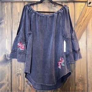 Grace Boho Hippie Cottage Core Embroidered Floral Off-Shoulder Tunic Top…